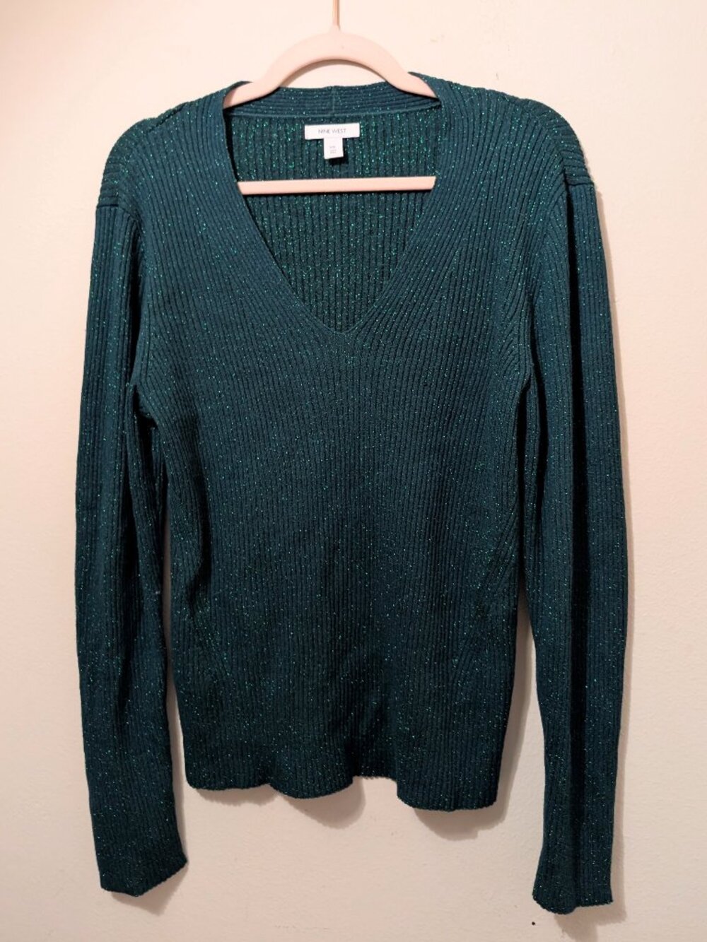 Nine West Green Sparkle Long Sleeve V-Neck Sweater Size XXL